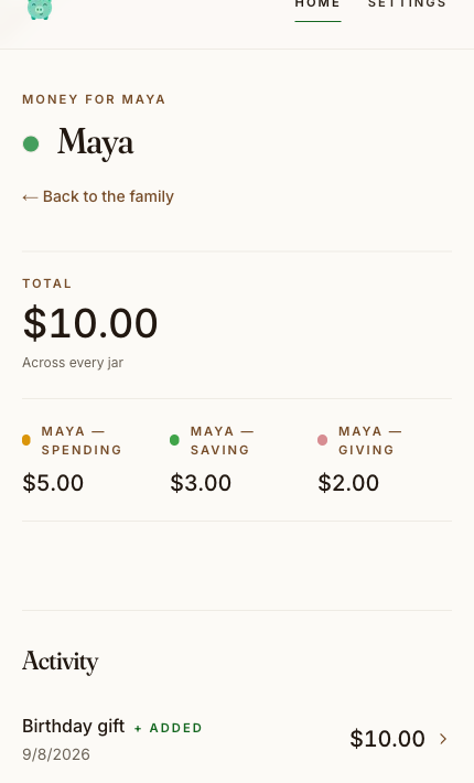 Maya's page: her total split across Spending, Saving, and Giving jars, with her money story beneath
